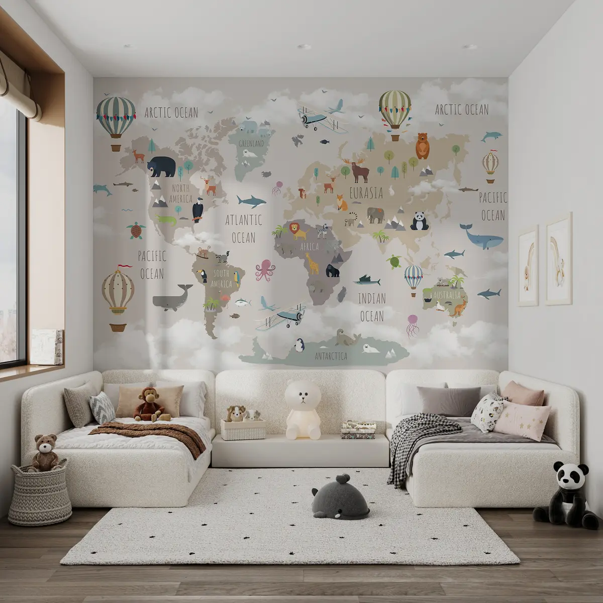 Fotobehang Wereldkaart met dieren en ballonnen u96461