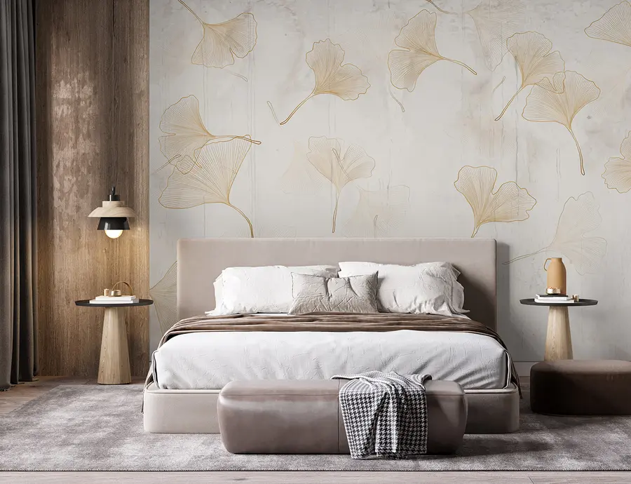 Fotobehang Ginkobladeren in beige tinten u96467