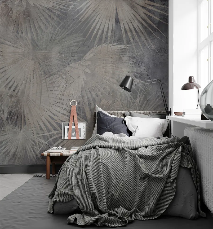 Fotobehang Exotische tropische bladeren op grunge betonnen muur u96540