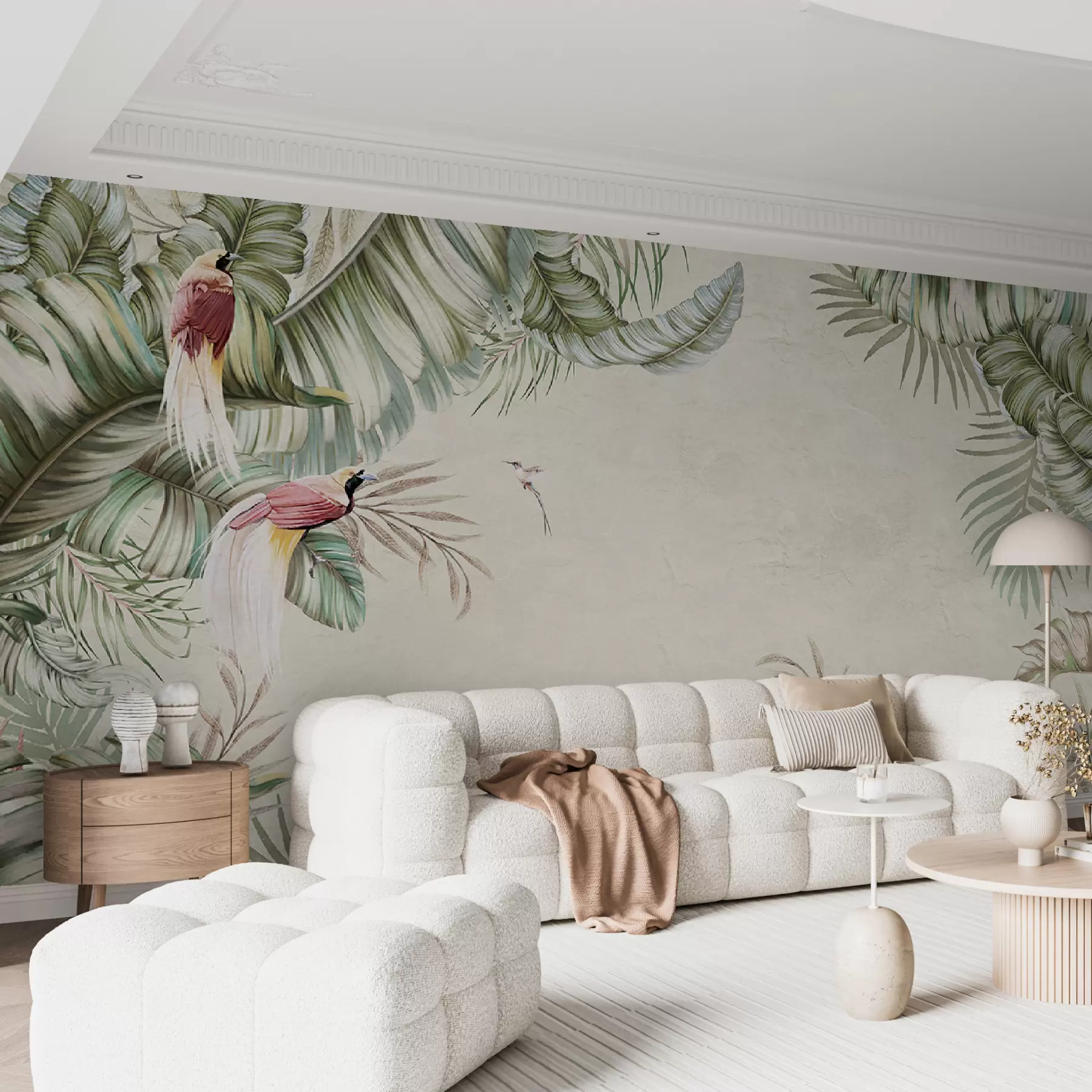 Fotobehang Tropische planten en vogels op gestructureerde achtergrond u96550