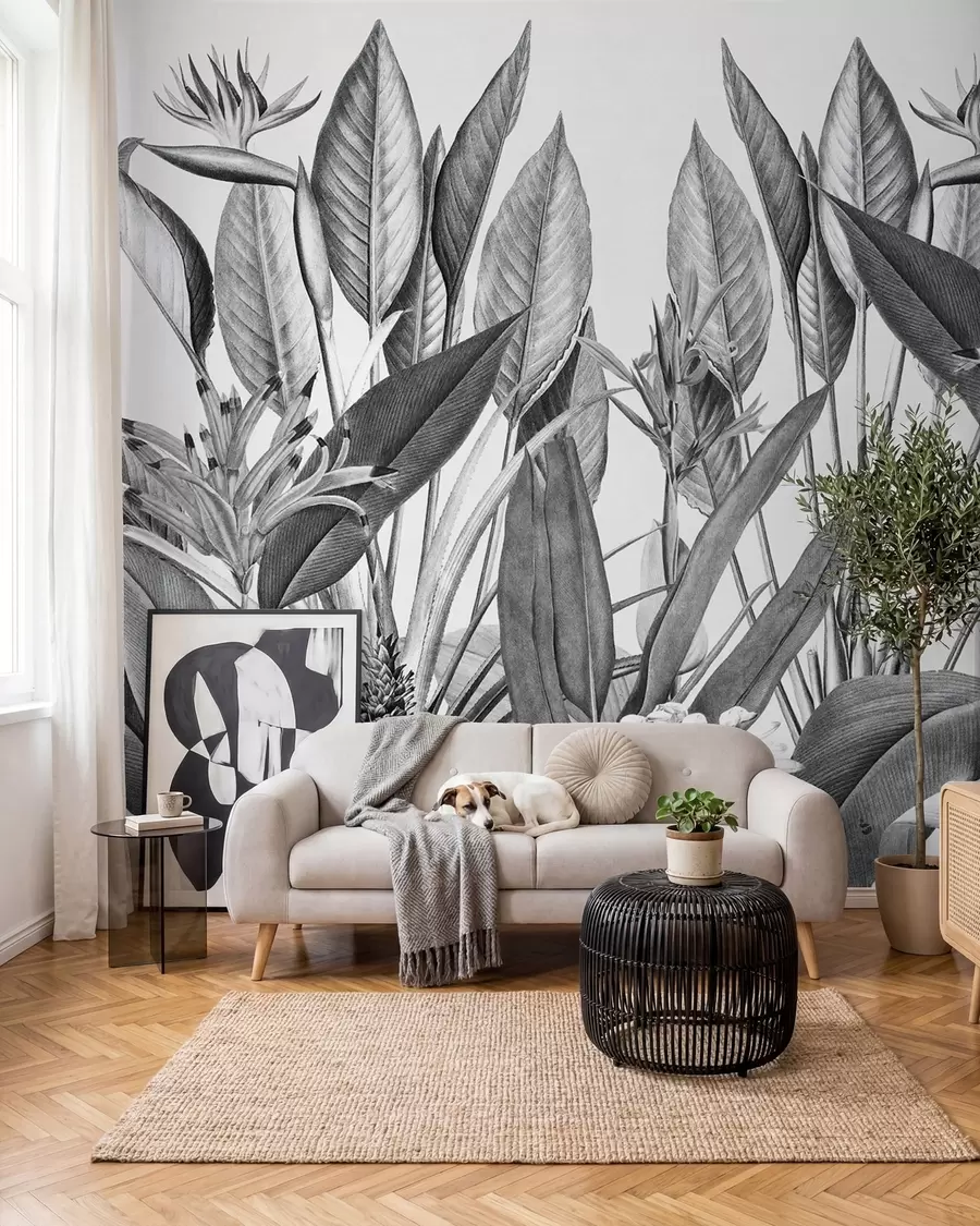 Fotobehang Tropische jungle planten zwart-witte kleur u96833