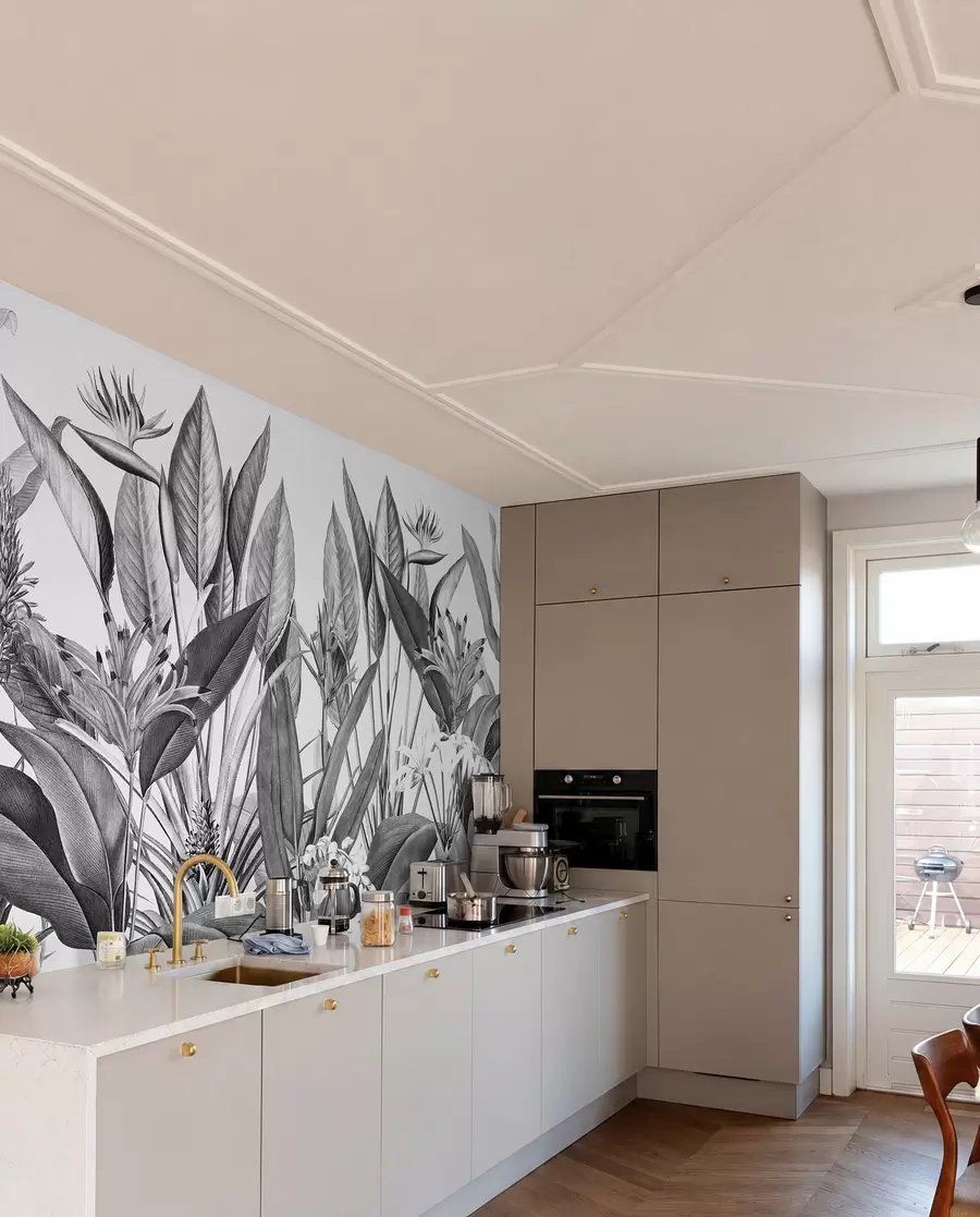 Fotobehang Tropische jungle planten zwart-witte kleur u96833