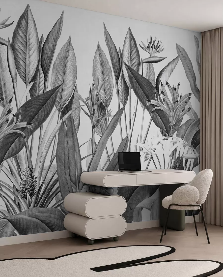 Fotobehang Tropische jungle planten zwart-witte kleur u96833