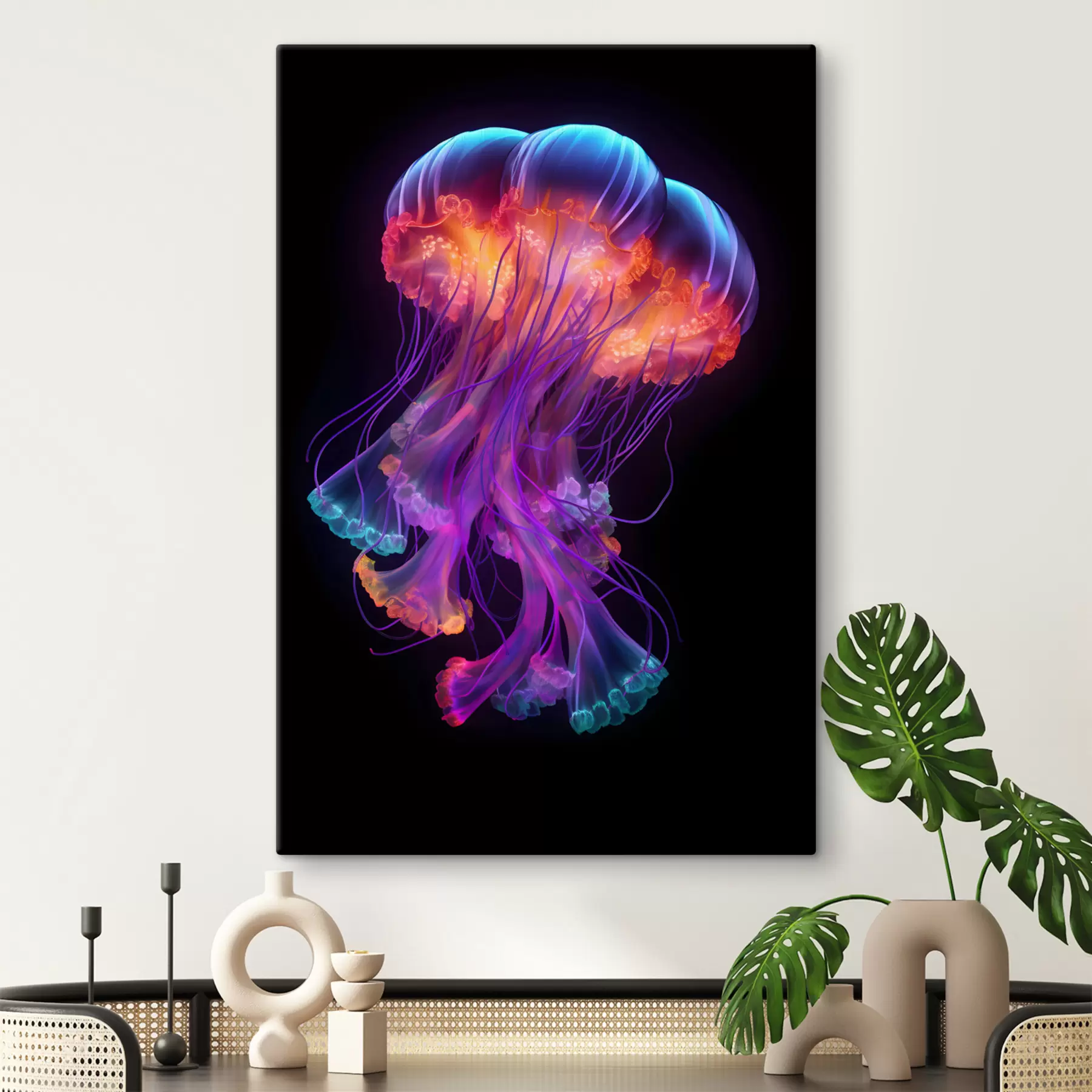 Fotobehang Gloeiende kwallen zwemmen diep in de blauwe zee s35363