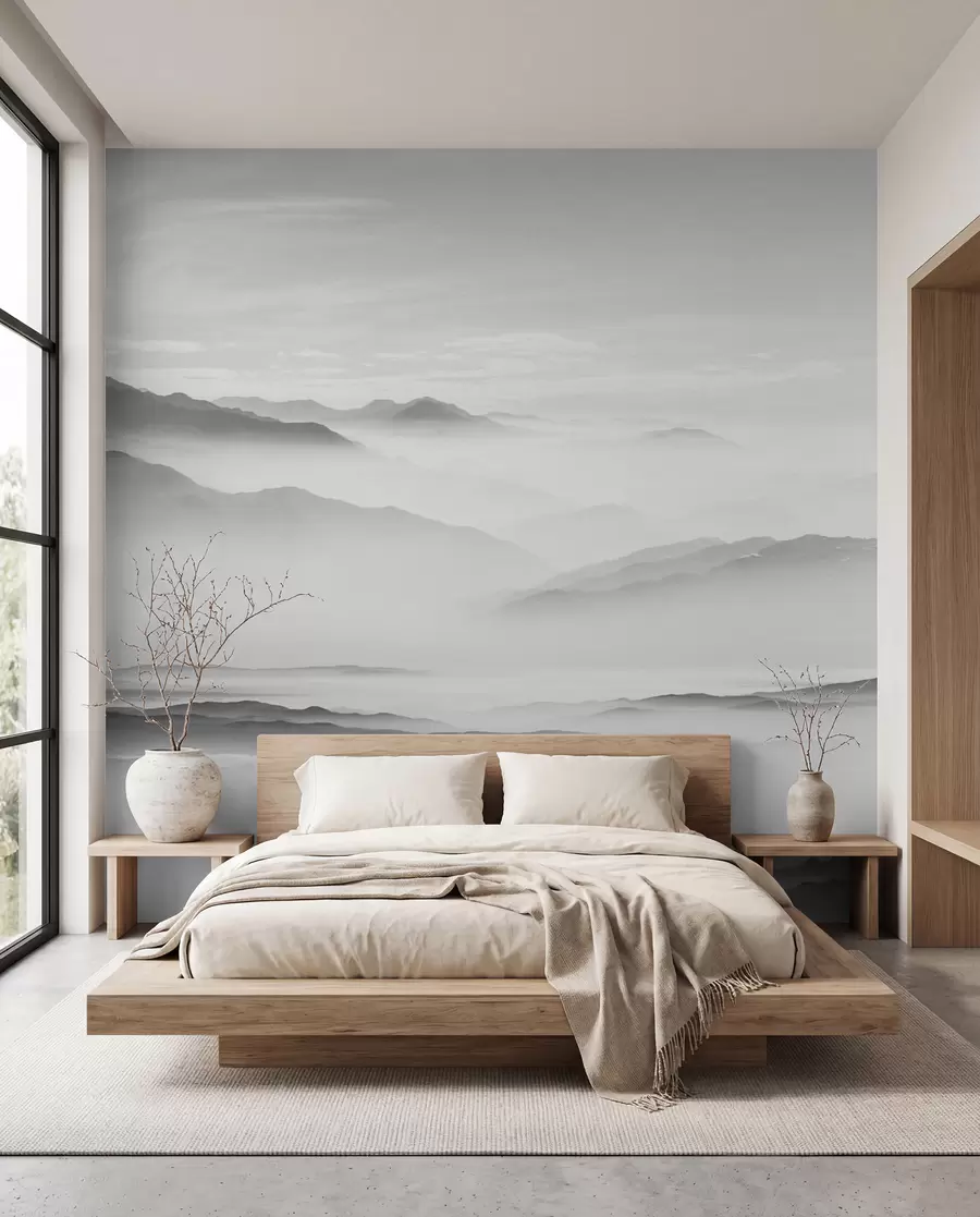 Fotobehang Uitzicht op de grijze bergen in het mist-minimalisme zwart-wit u96922