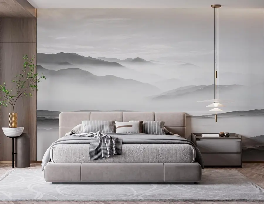 Fotobehang Uitzicht op de grijze bergen in het mist-minimalisme zwart-wit u96922