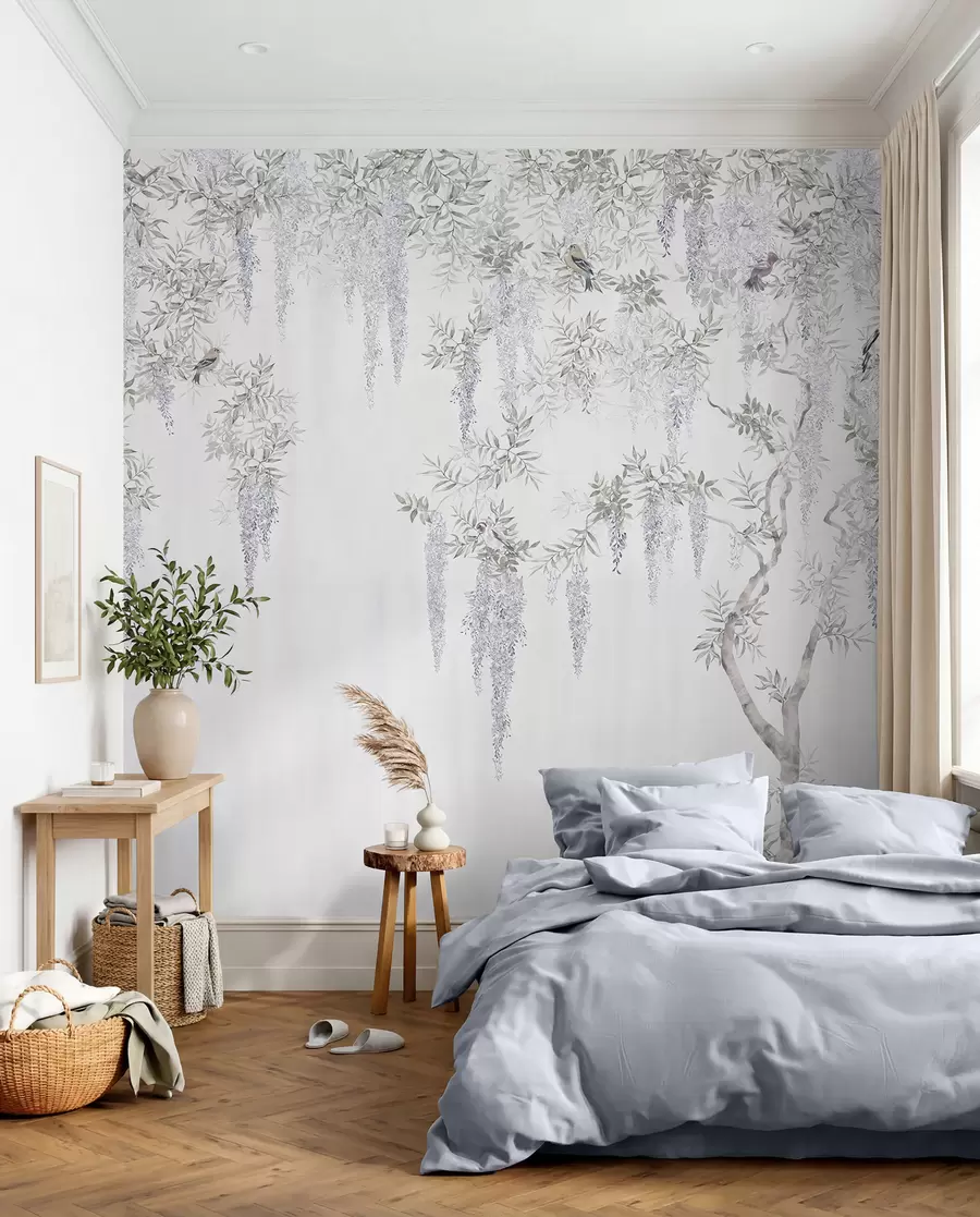Fotobehang Bloemen van blauweregen, blauweregen, minimalisme, zwart-wit, loft en Japanse stijl u96928