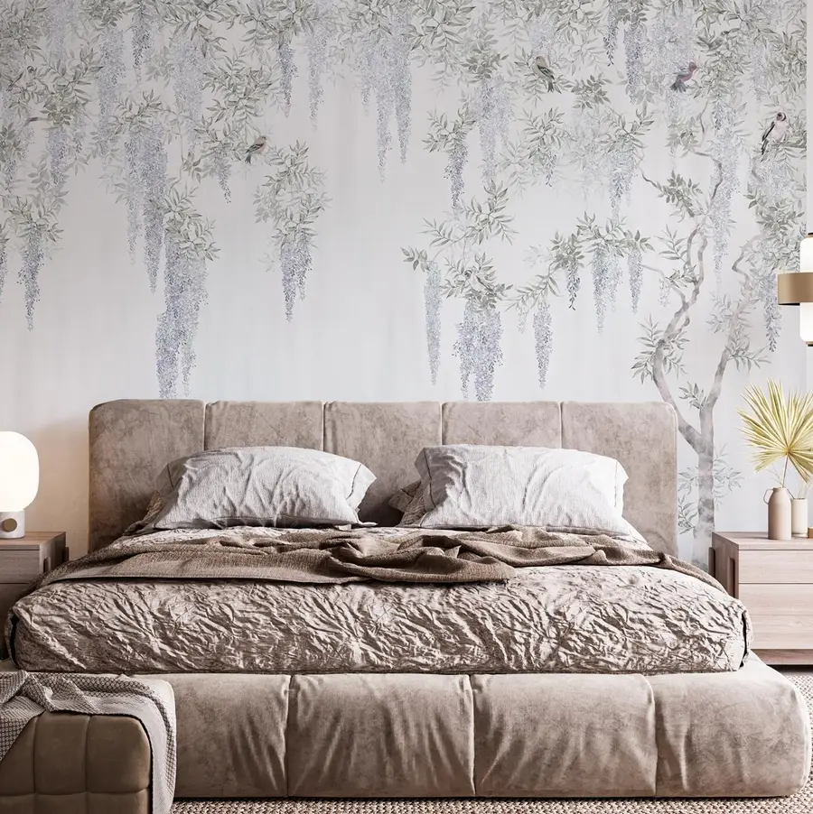 Fotobehang Bloemen van blauweregen, blauweregen, minimalisme, zwart-wit, loft en Japanse stijl u96928