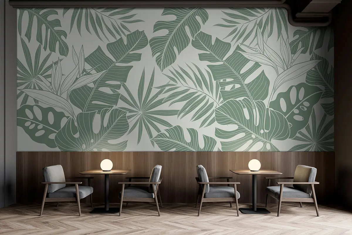 Fotobehang Monstera palmbladeren in minimaal lichtgroen u96909