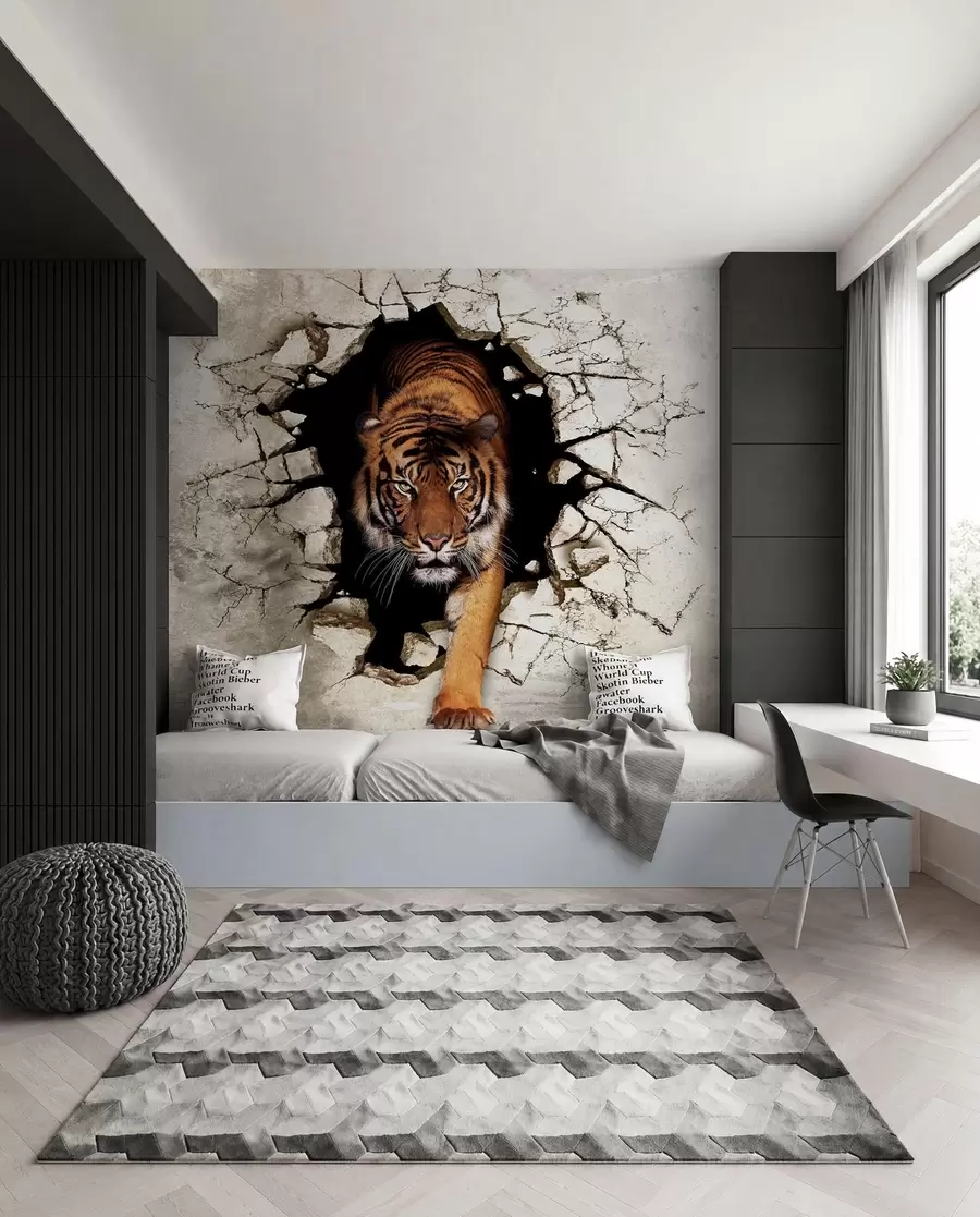 Fotobehang Tijger breekt door de muur u97031