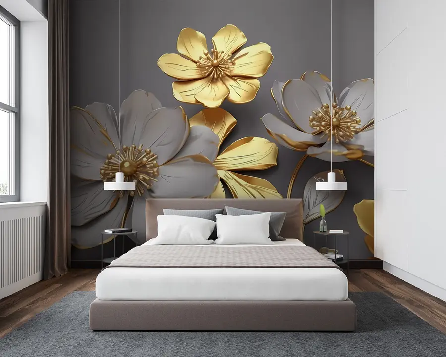 Fotobehang Grote bloemen op een grijze achtergrond u96957