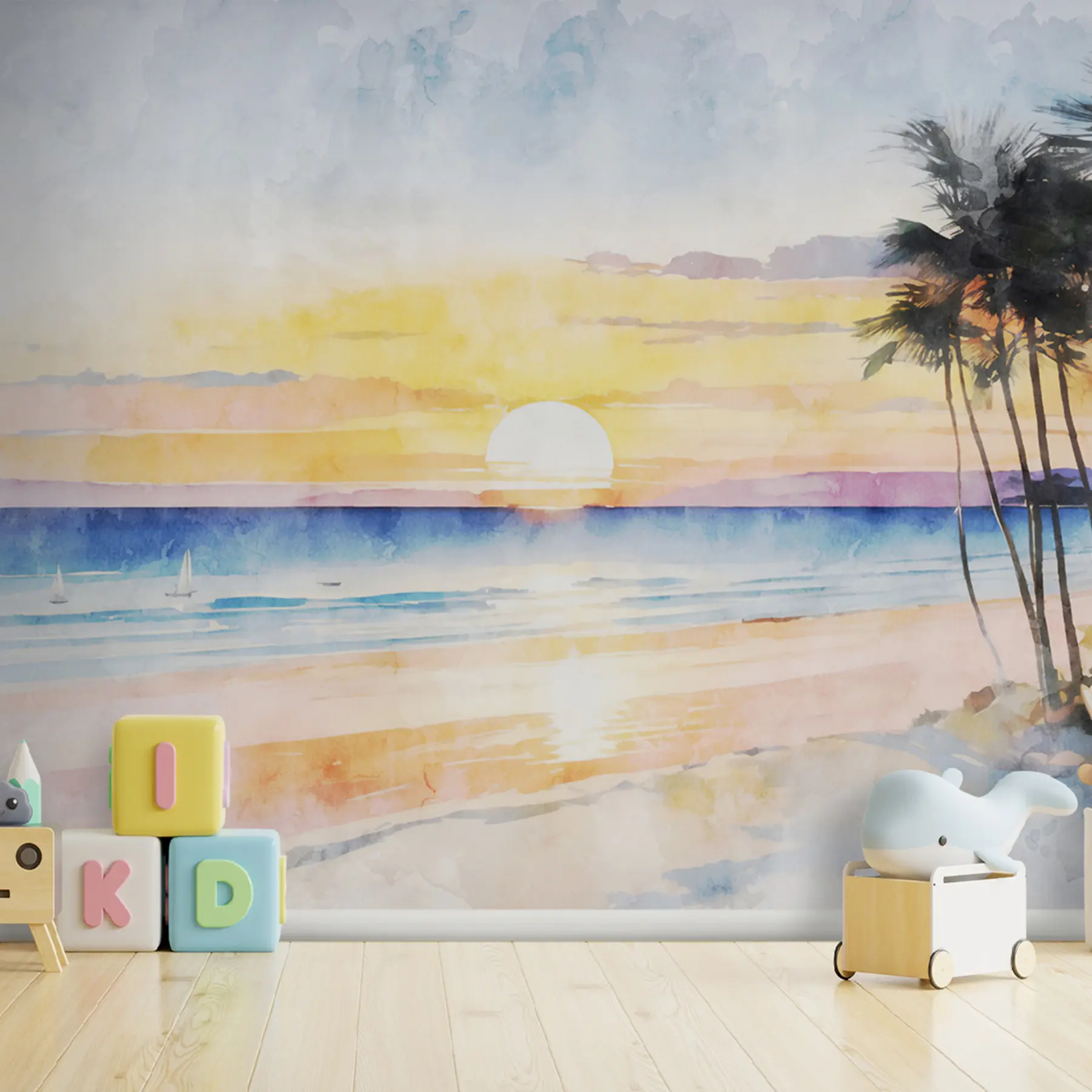 Fotobehang Waterverfzonsondergang op het strand u97297