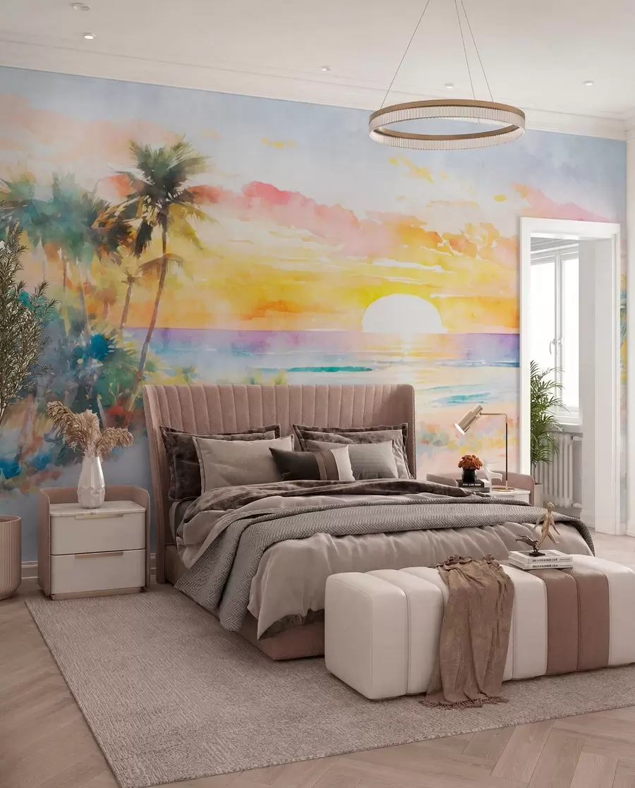 Fotobehang Palmbomen en zonsondergang op het strand u97312