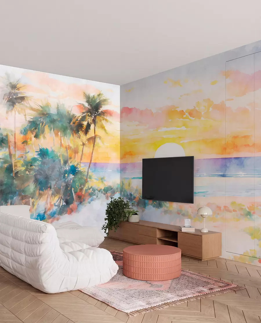 Fotobehang Geschilderde palmzonsondergang u97312