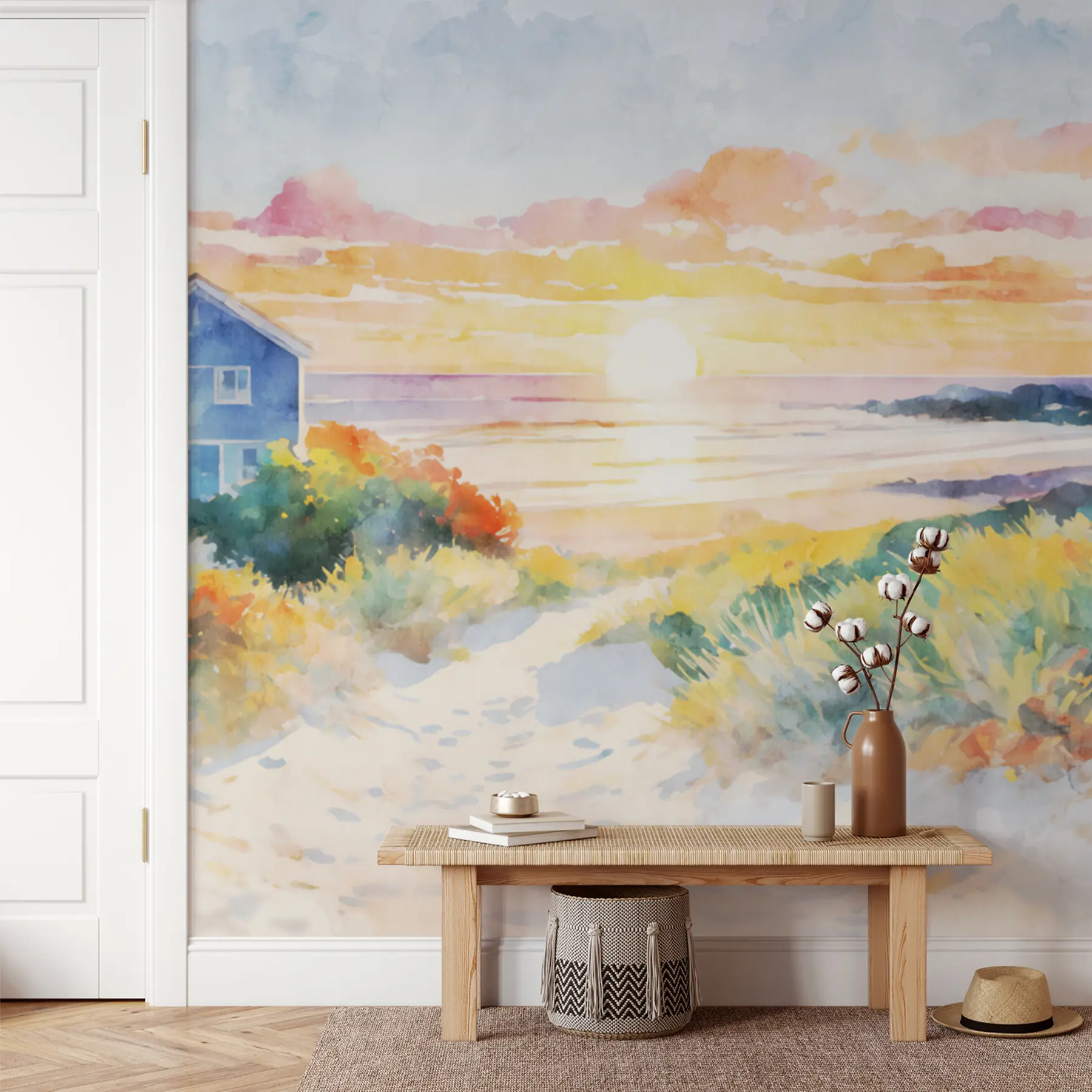 Fotobehang Strandhuis in aquarel u97316