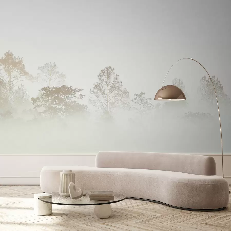 Fotobehang Silhouet van een bosje bomen in de dikke witte ochtendmist u97405