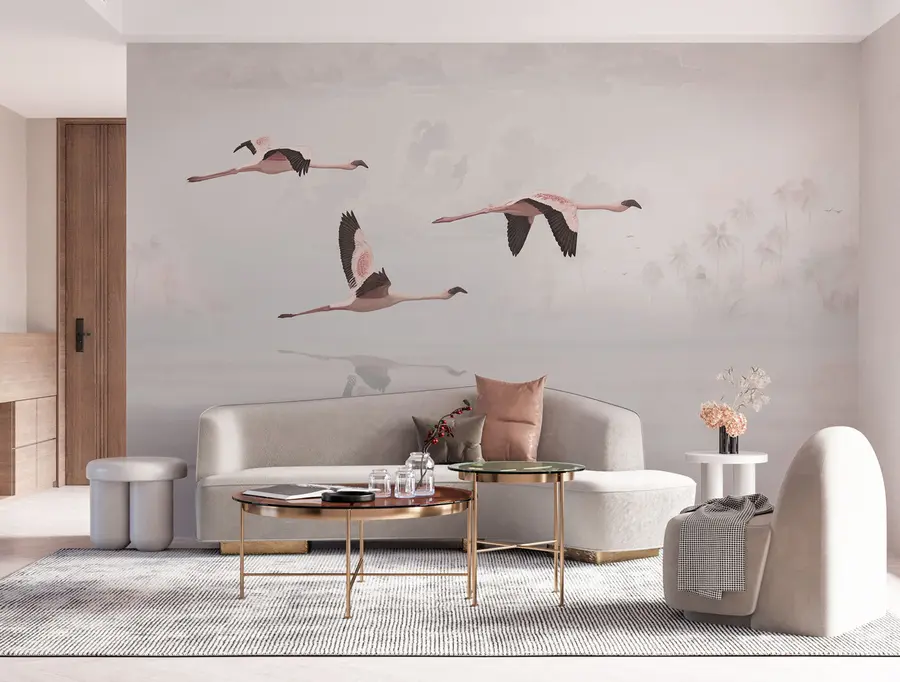 Fotobehang Roze flamingo's boven tropisch junglestrand en zee u97457