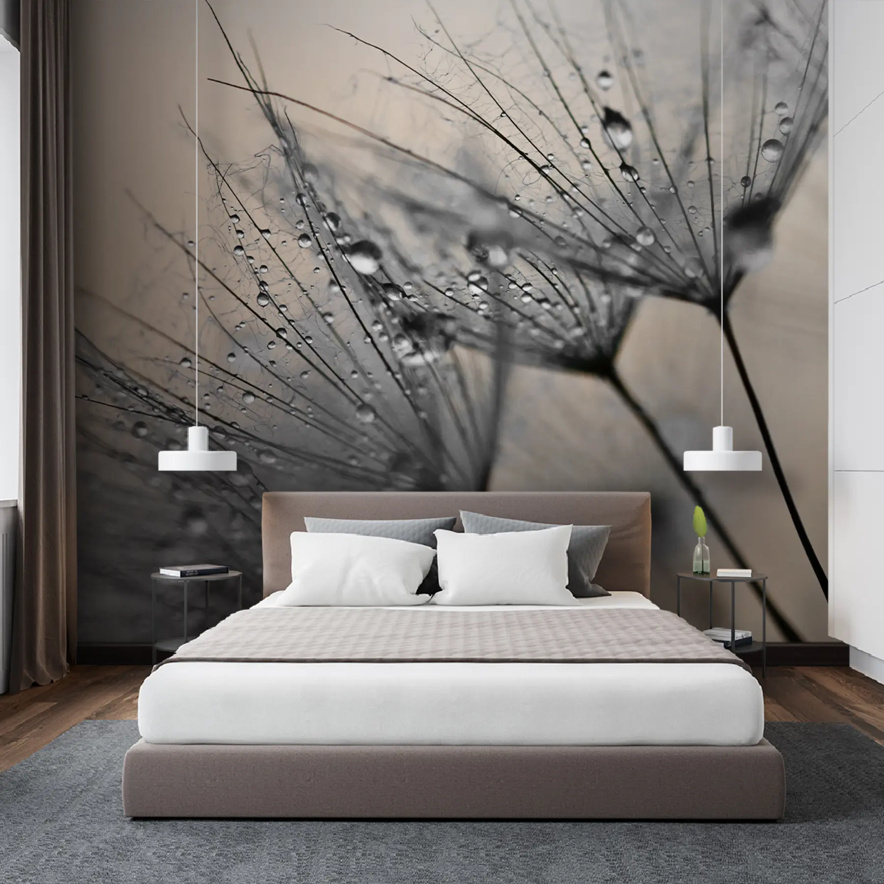 Fotobehang Paardebloemen met grijze waterdruppels u57557v2
