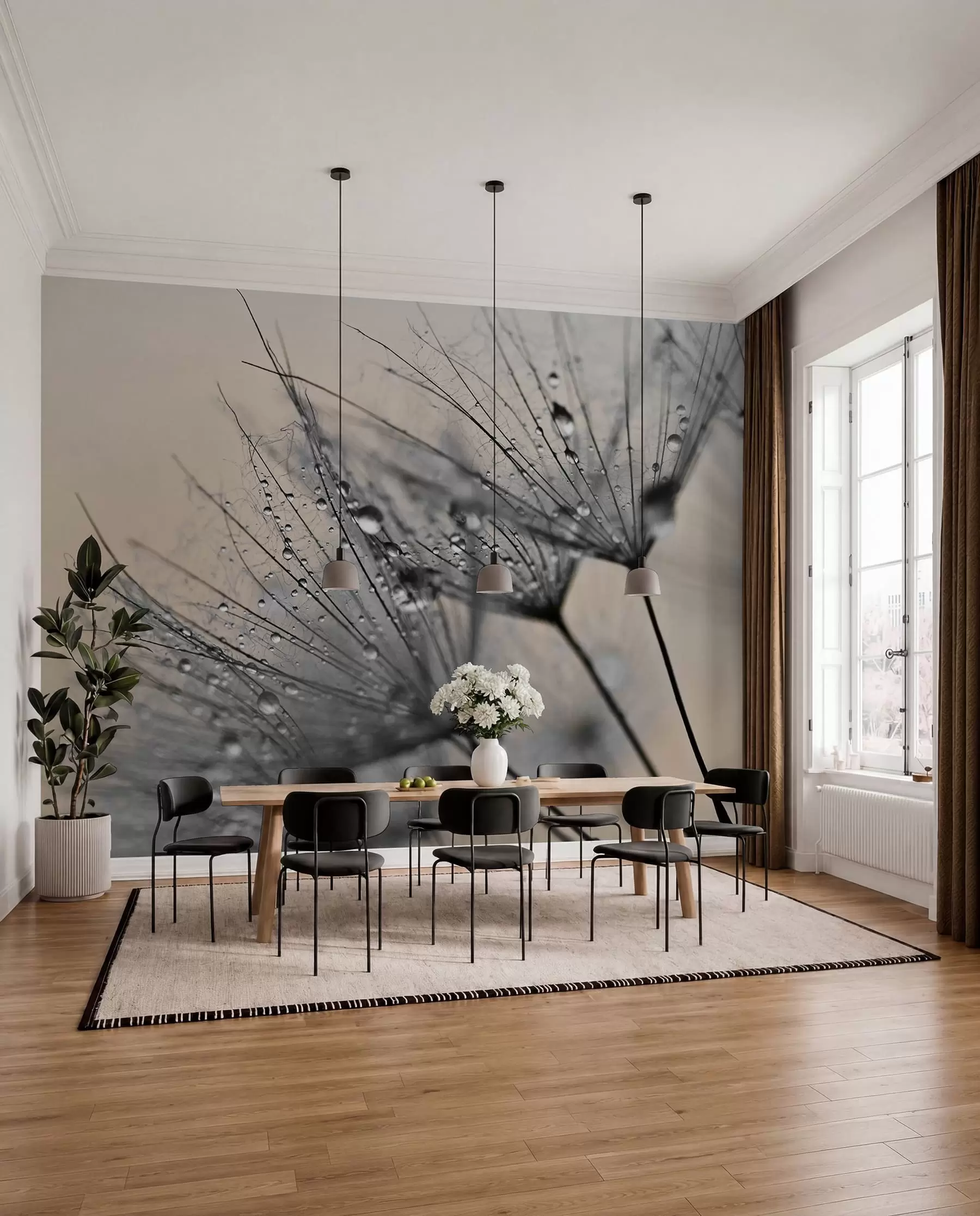 Fotobehang Paardebloemen met grijze waterdruppels u57557v2