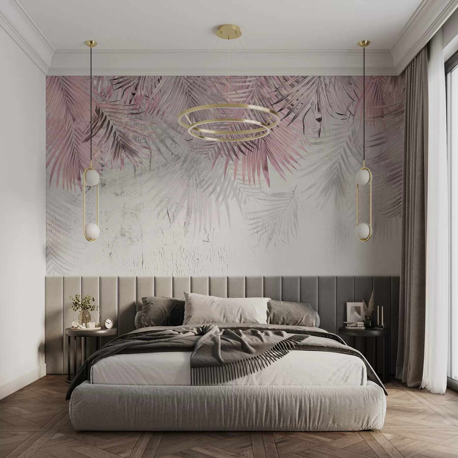 Fotobehang Roze tropische bladeren in grungestijl u93843v2
