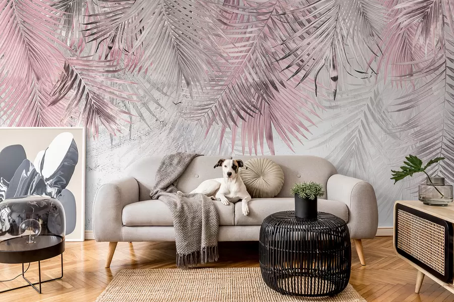 Fotobehang Roze tropische bladeren in grungestijl u93843v2