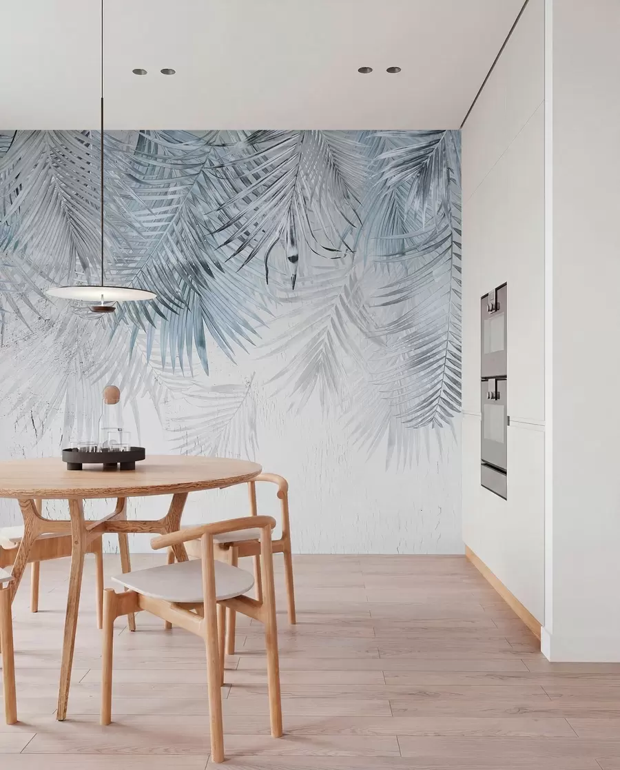 Fotobehang Blauwe tropische bladeren in grungestijl u93843v3