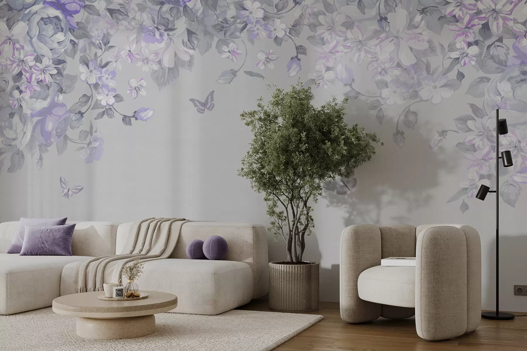 Fotobehang Lila tuin met bloemen en vlinders u94295v3