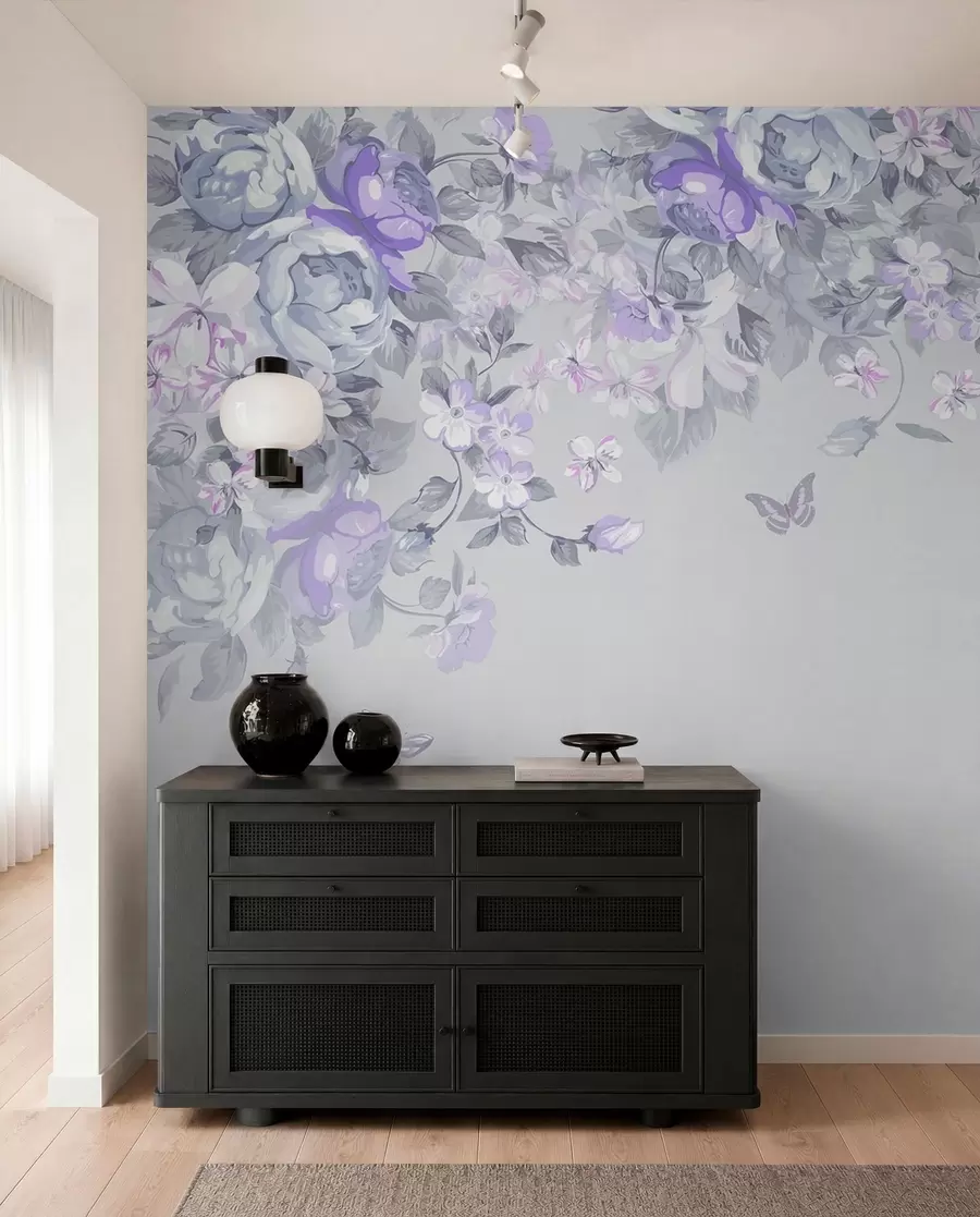 Fotobehang Lila tuin met bloemen en vlinders u94295v3