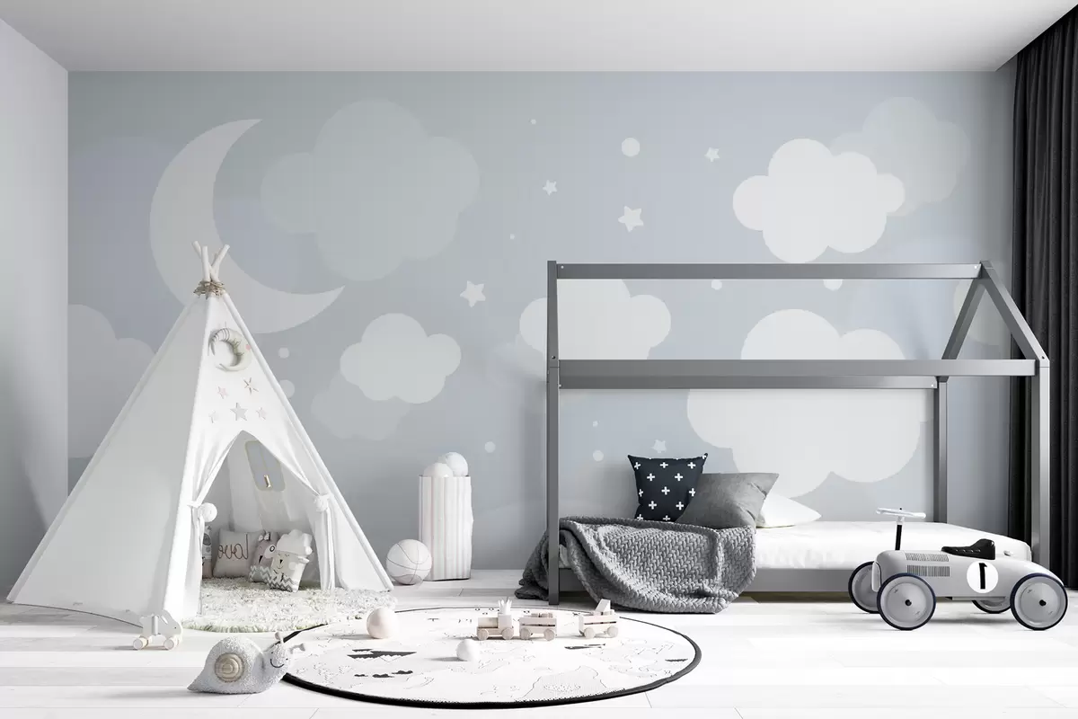 Fotobehang Leuk behang met wolken, sterren en maan op een blauwe achtergrond u97510