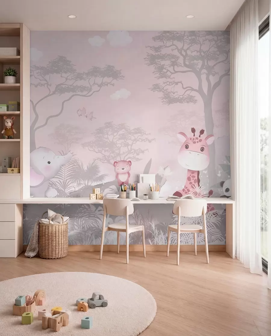 Fotobehang Schattige diertjes in de savanne in roze kleuren u73878v3