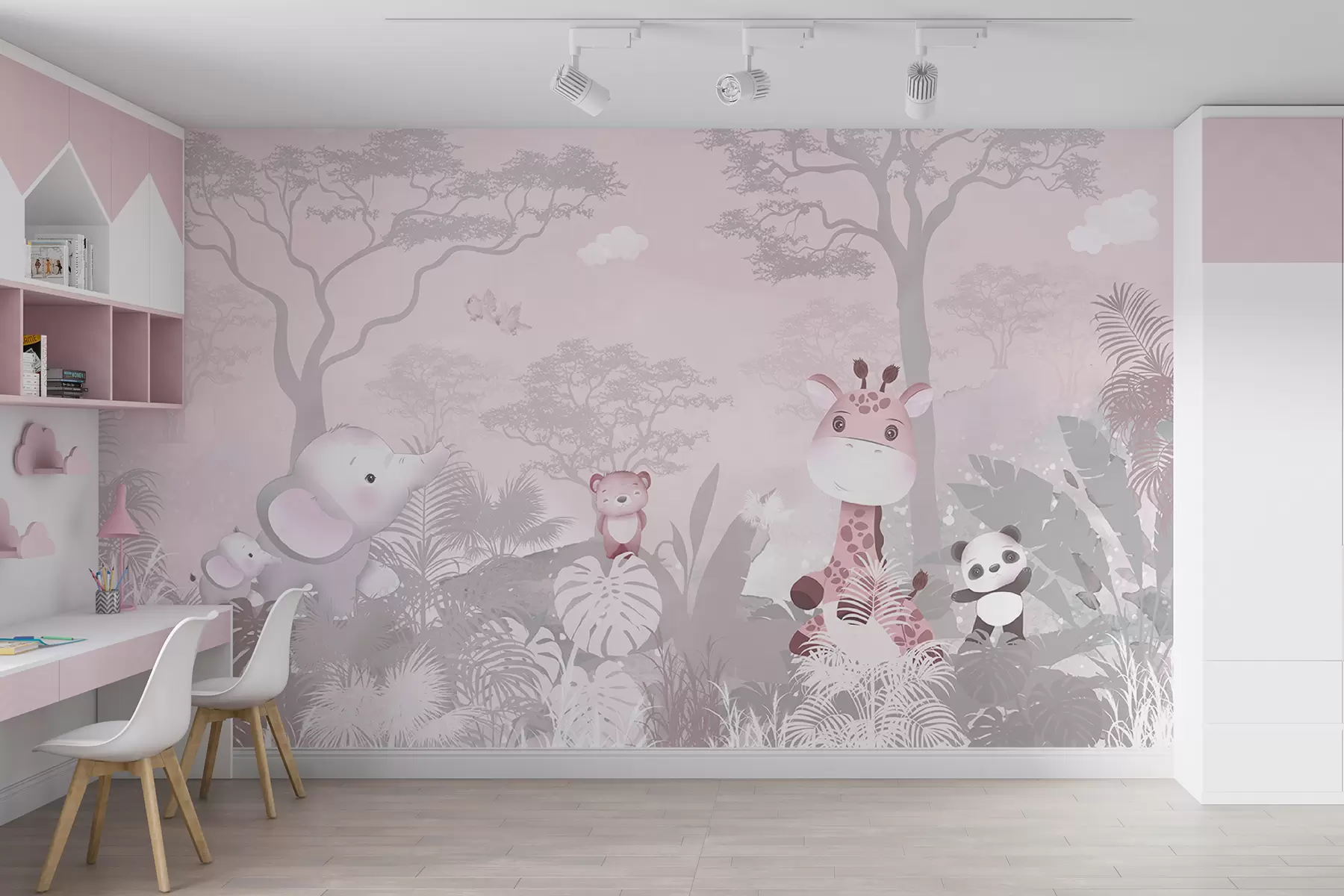 Fotobehang Schattige diertjes in de savanne in roze kleuren u73878v3