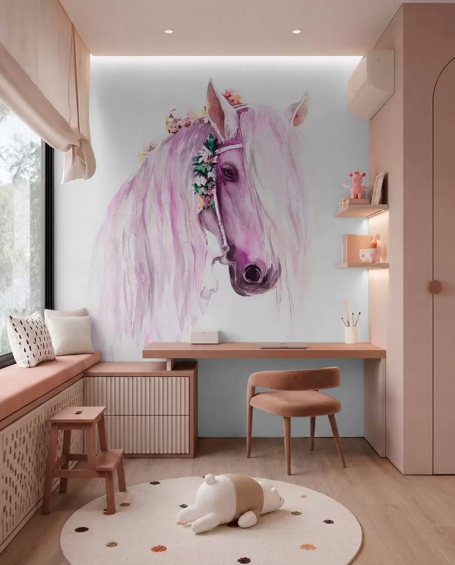 Fotobehang Blauw paard met bloemen in de manen in paarse kleuren u93591v1