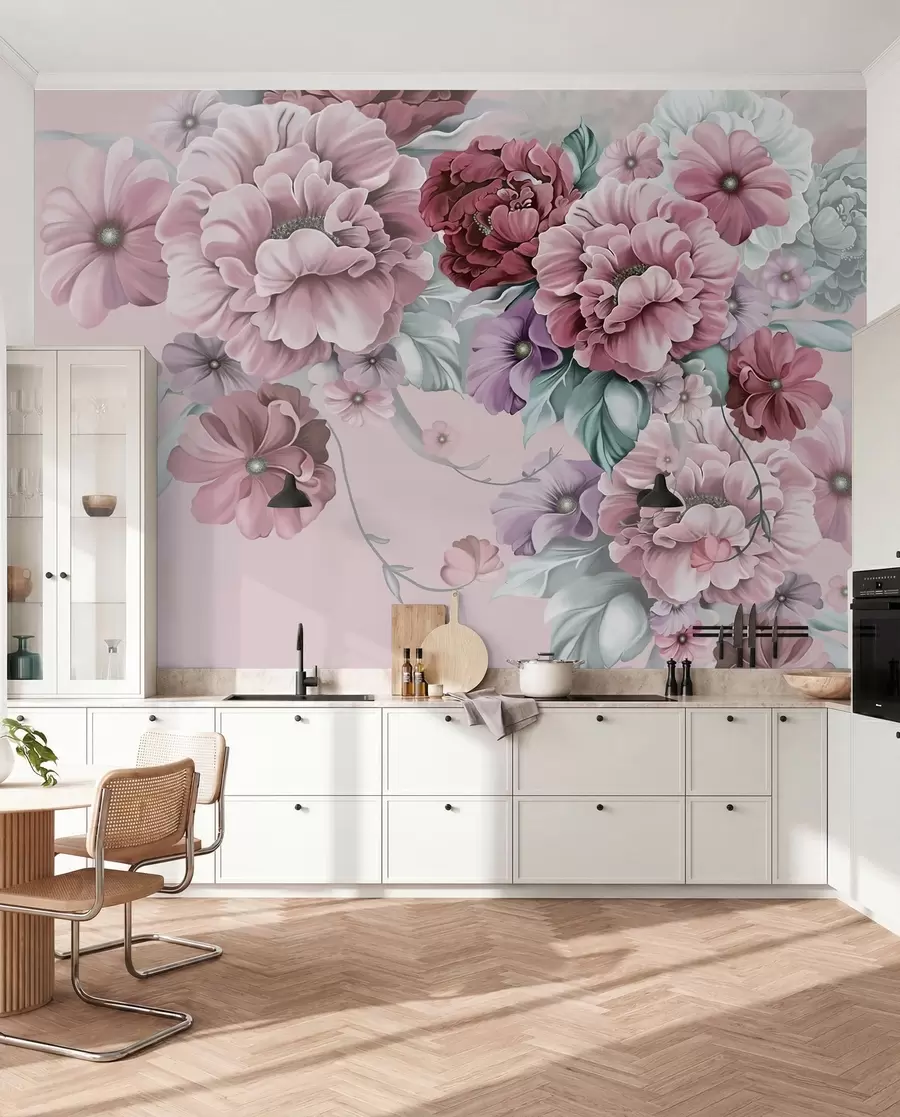 Fotobehang Delicate blauwe bloemen in roze kleuren u59900v1