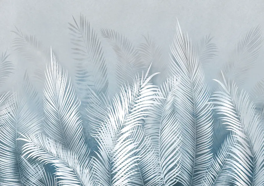 Fotobehang Witte palmbomen op een roze granzh achtergrond. in blauwe kleuren u74601v1