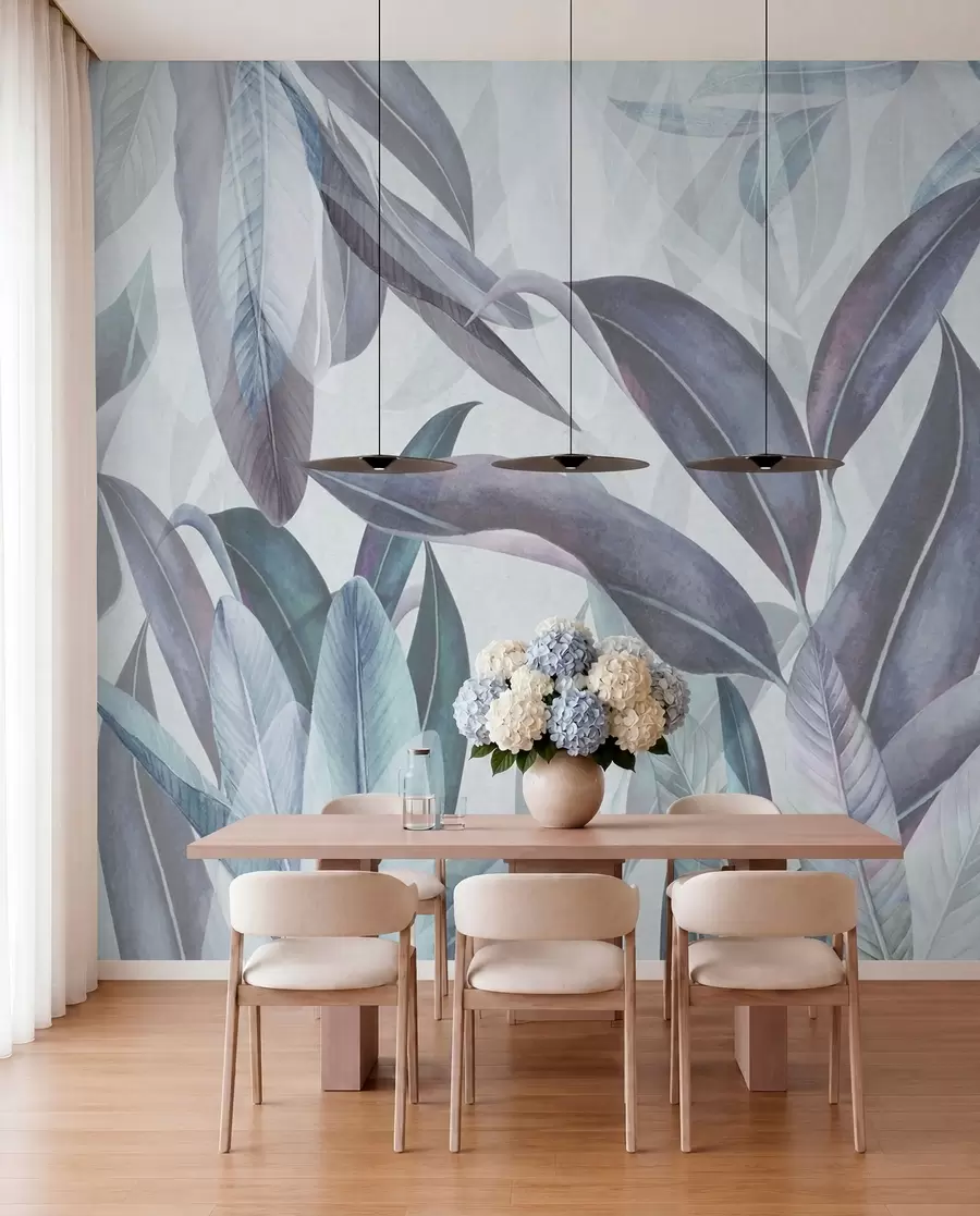 Fotobehang Groene en roze palmbladeren in blauwe kleuren u94302v1