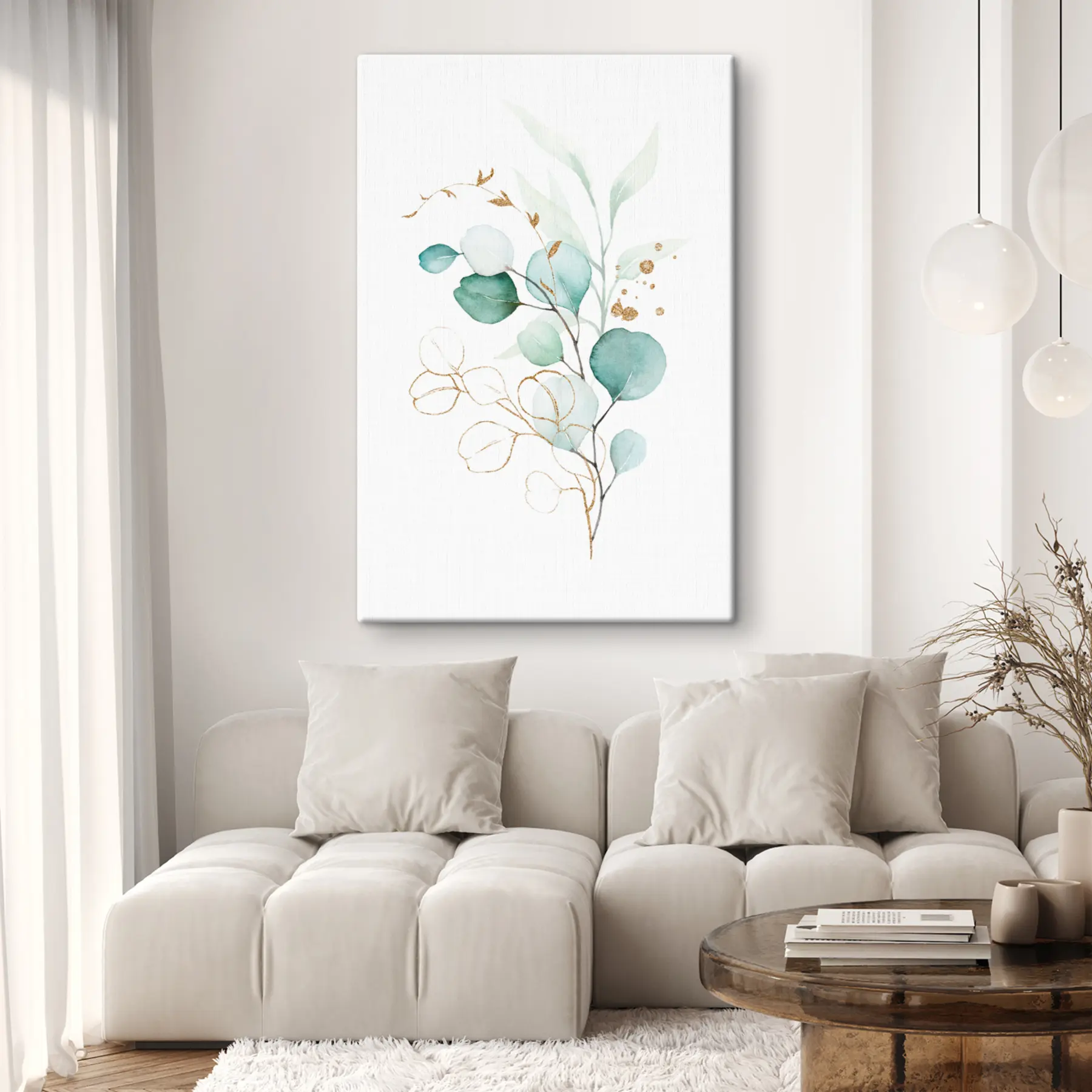 Fotobehang Aquarel van een tak met gouden en blauwe bladeren s36138
