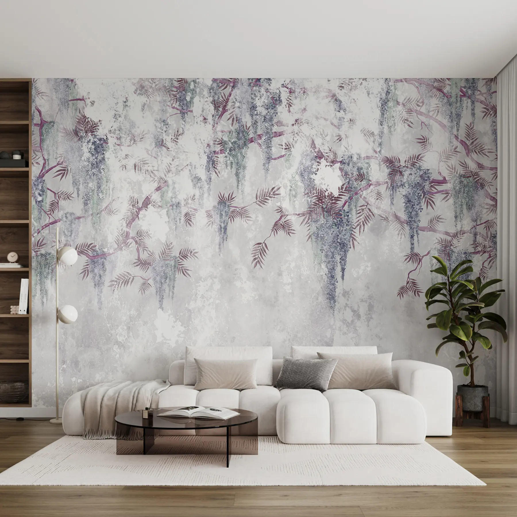Fotobehang Hangende trendy grunge takken met paarse bloemen in blauwe kleuren u73816v2