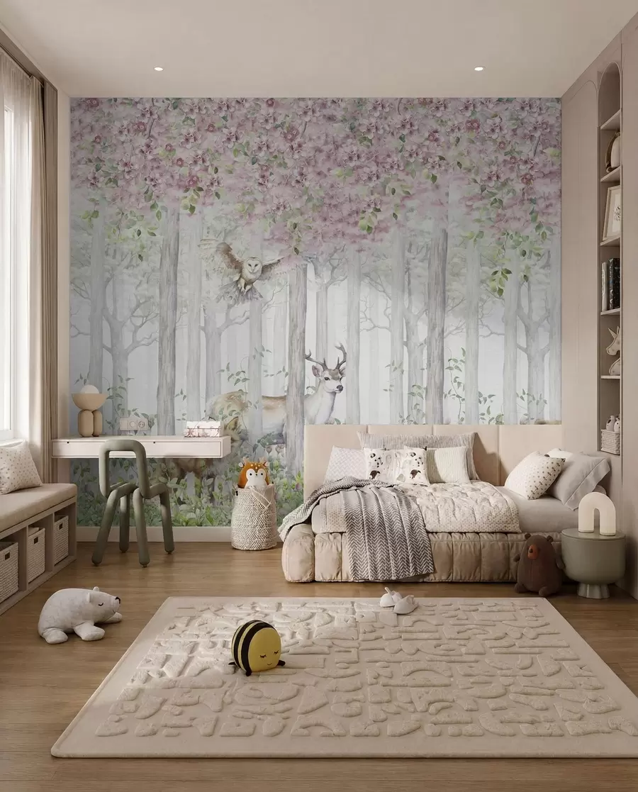 Fotobehang Bloeiend bos in de nevel u97614