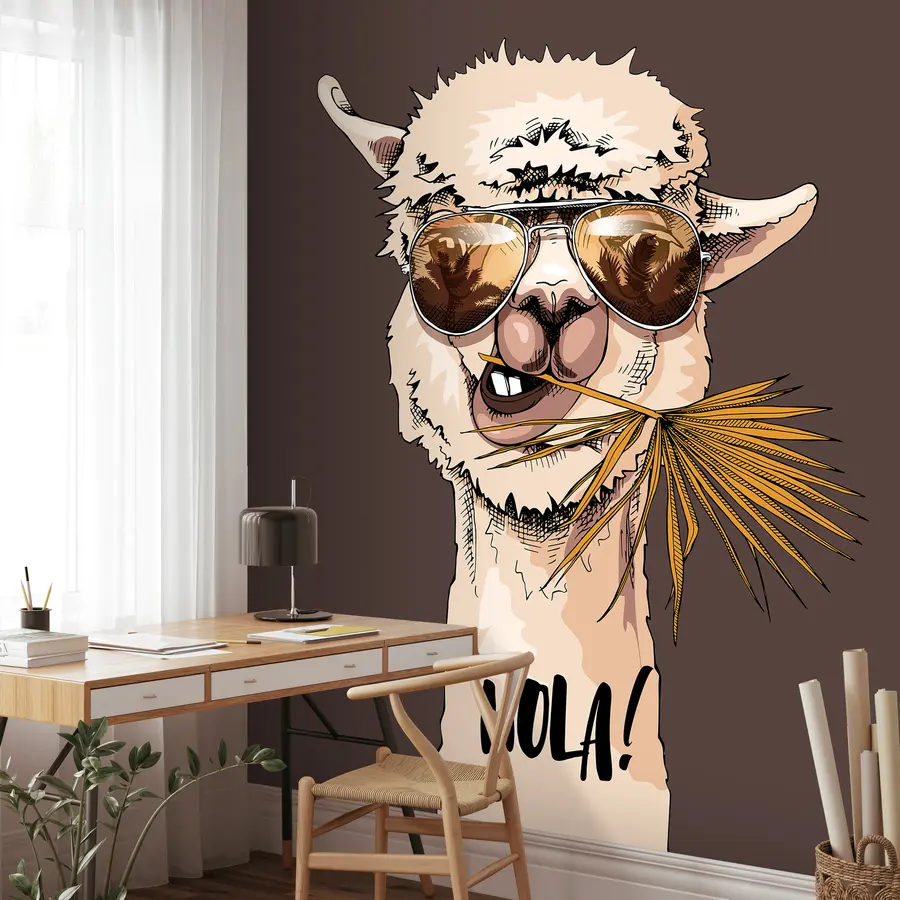 Fotobehang Portret van een lama met zonnebril en een waaier palmblad u98177