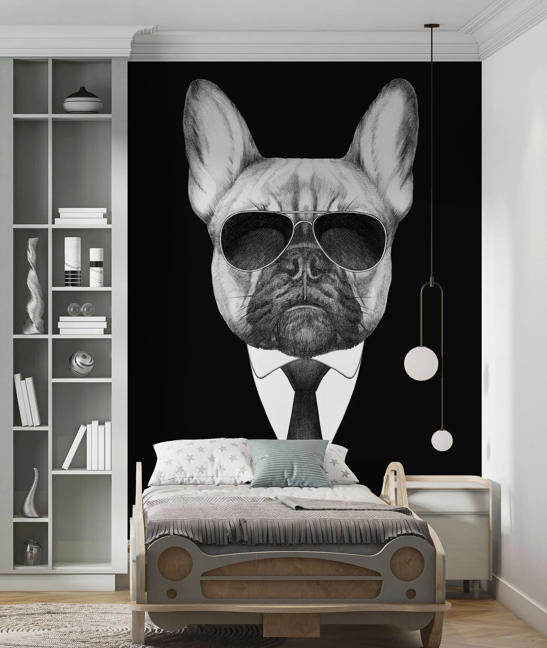 Fotobehang Portret van een Franse Bulldog in pak en zonnebril u98183