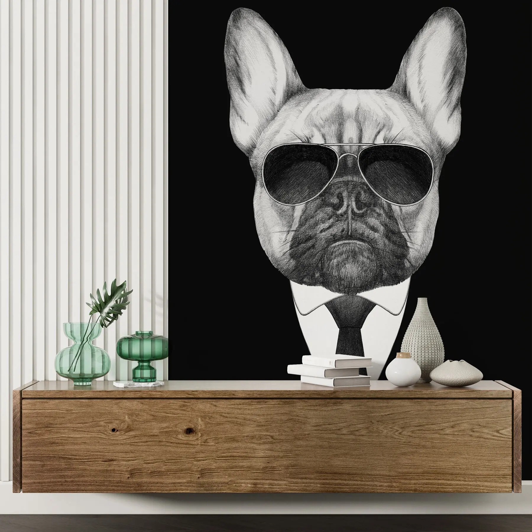 Fotobehang Portret van een Franse Bulldog in pak en zonnebril u98183