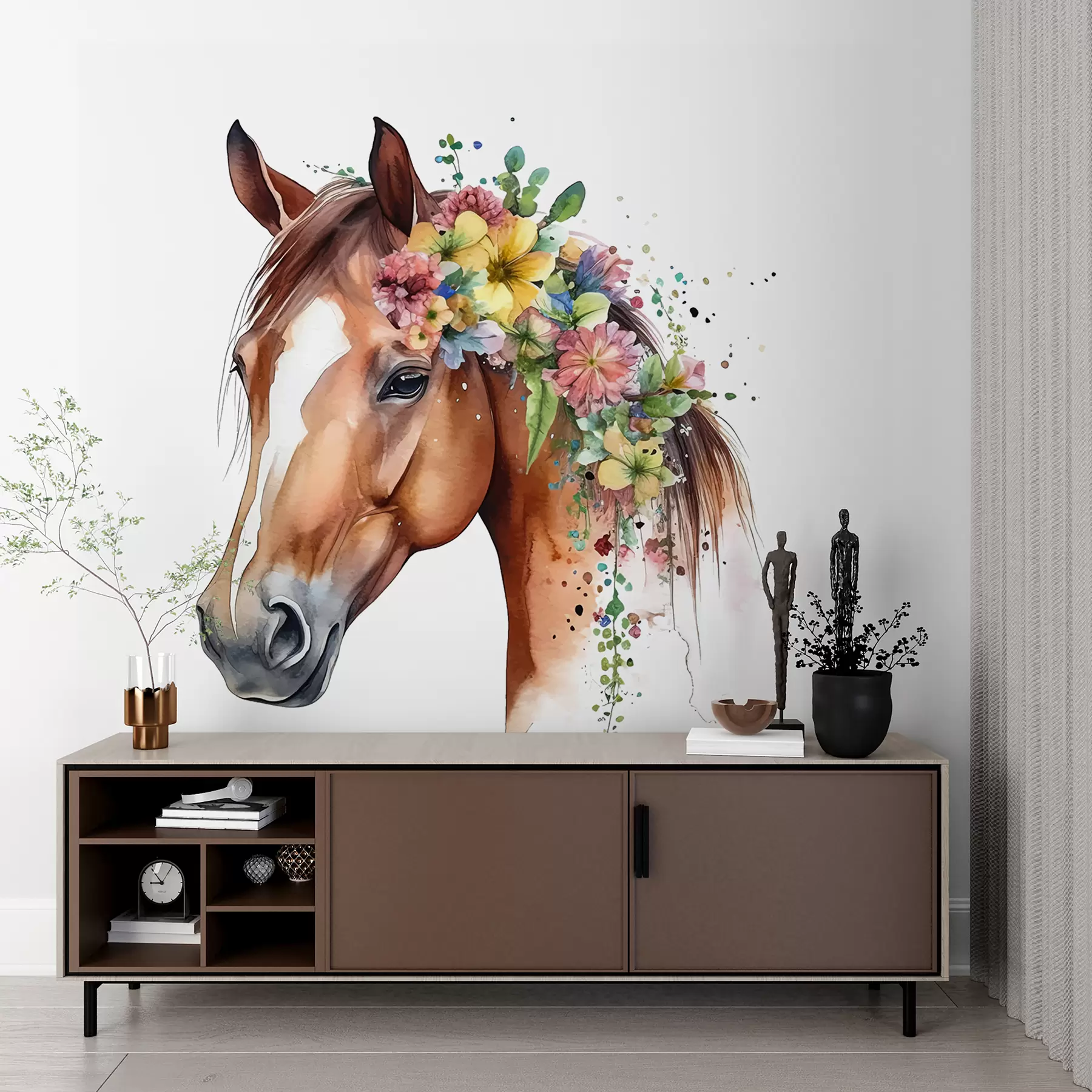 Fotobehang Paard met bloemen in aquarel u98192