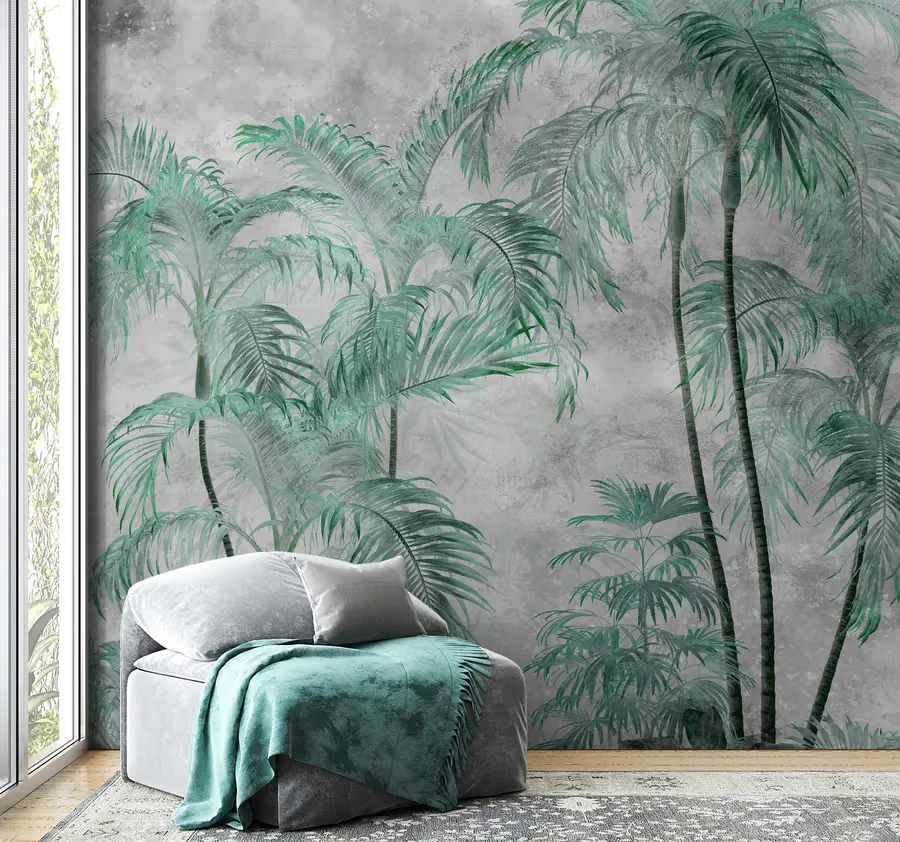Fotobehang Tropische palmbomen op een betonnen muur u98586v1