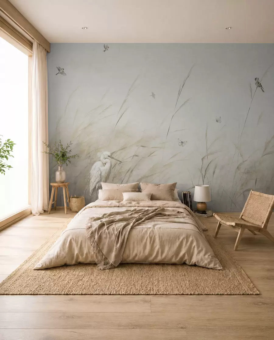 Fotobehang Vogels op het meer tussen gedroogde bloemen, planten en gras u98439