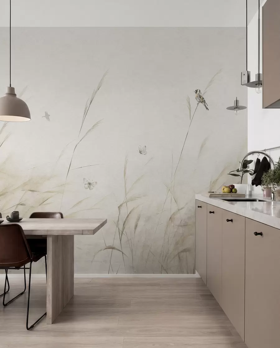 Fotobehang Vogels op het meer tussen gedroogde bloemen, planten en gras u98439
