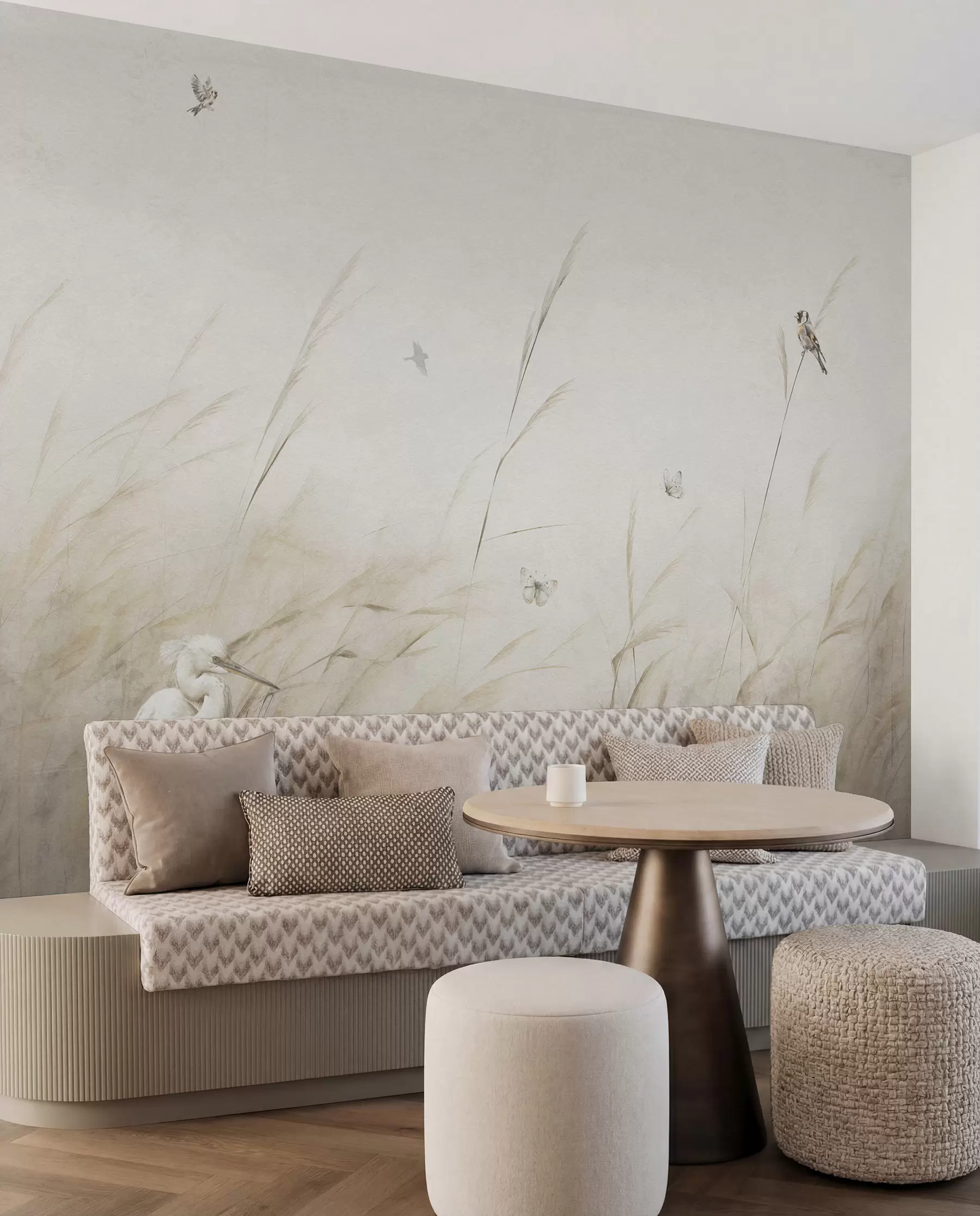 Fotobehang Vogels op het meer tussen gedroogde bloemen, planten en gras u98439