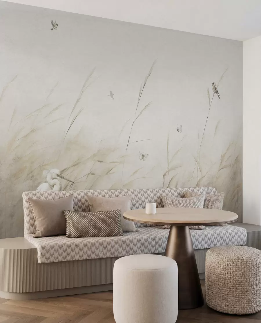 Fotobehang Vogels op het meer tussen gedroogde bloemen, planten en gras u98439