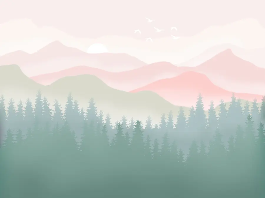 Fotobehang Mistige bergen met dennenbos, zachte natuurlijke kleuren, roze en groen u98774