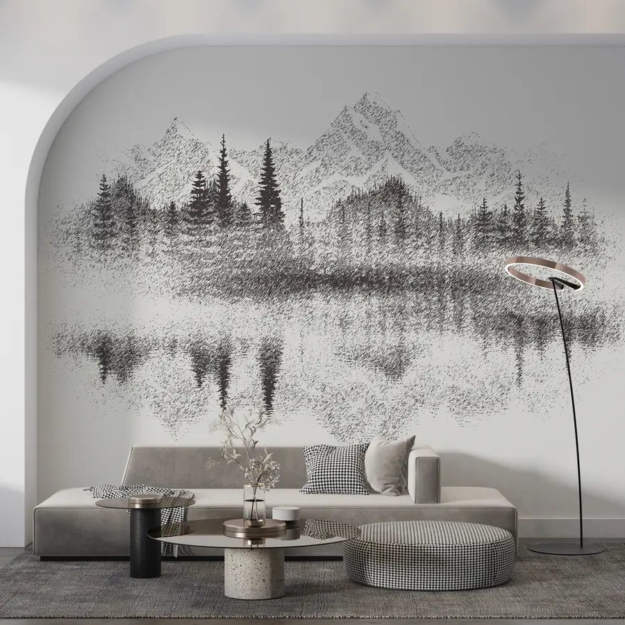 Fotobehang Het bos en de bergen worden weerspiegeld in het meer u98808