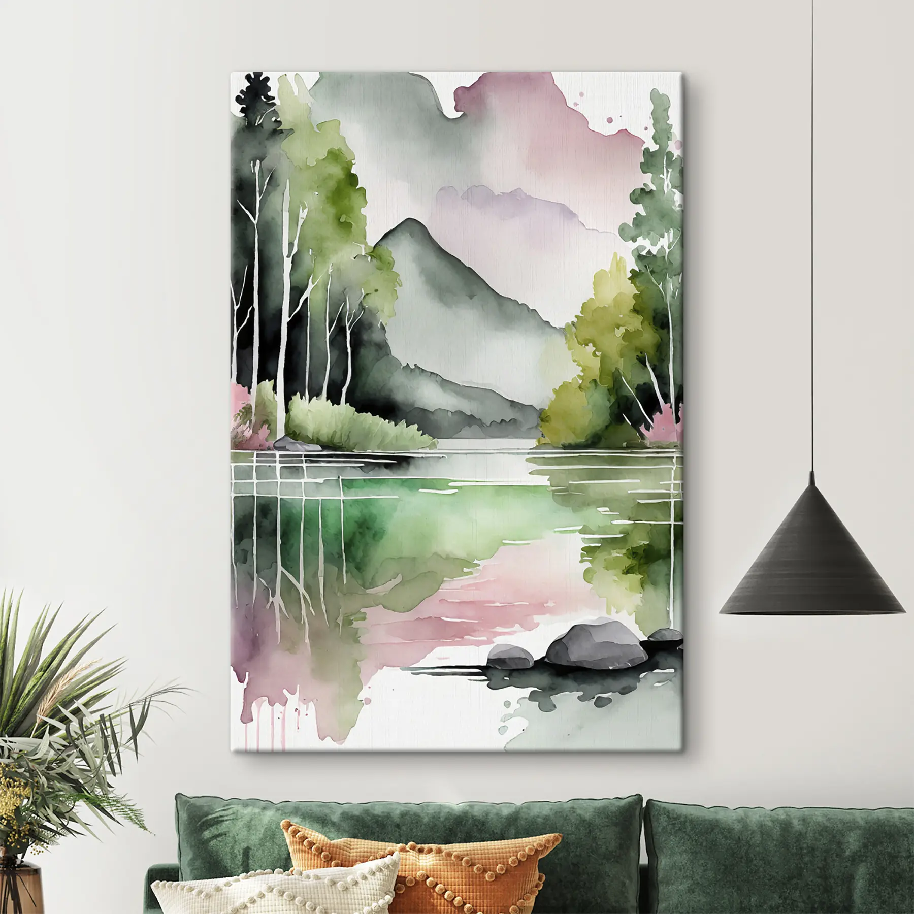 Fotobehang Aquarel Natuurlandschap, Meer en Bos, Zachte groene roze en grijze kleuren s36507